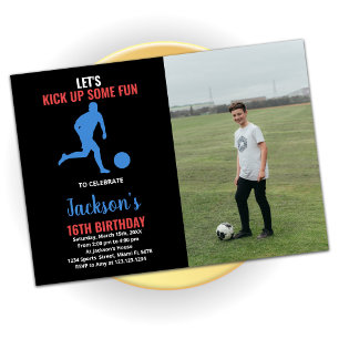 Red Blue Running Soccer Birthday Invitations photo