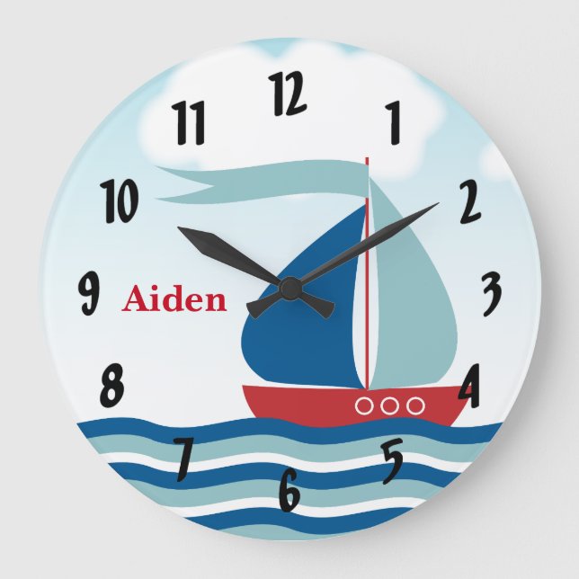 Red & Blue Sailboat on Water Waves, Personalized Large Clock (Front)