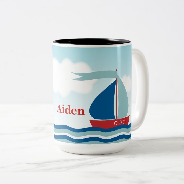Red & Blue Sailboat on Water Waves, Personalized Two-Tone Coffee Mug (Front Right)