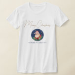 Red Blue Santa Matching Unique Christmas Womens T-Shirt<br><div class="desc">Vintage Merry Christmas greeting in stylish trendy script and Santa in a circle frame on blue background. Personalize mom's name.</div>