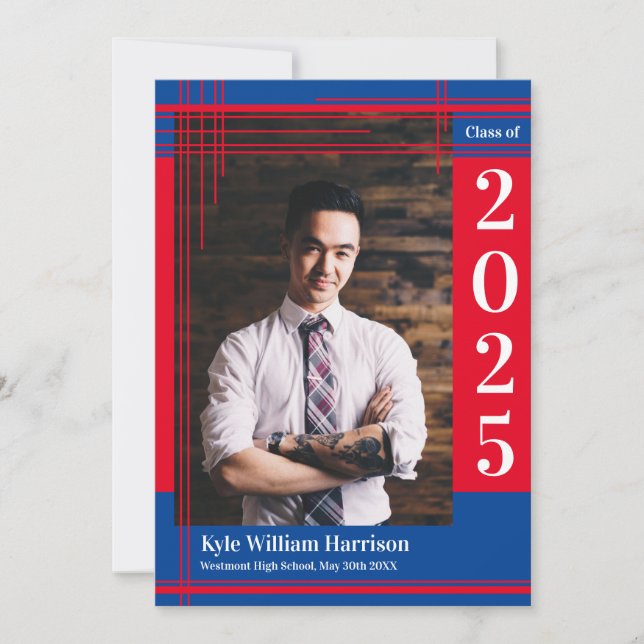 Red Blue School Colour Graduation Photo Plaid Invitation (Front)
