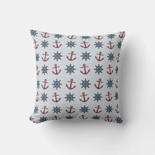 Red Blue Ship Wheel Anchor Pattern Throw Pillow