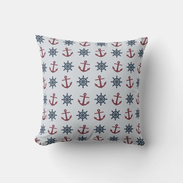 Red Blue Ship Wheel Anchor Pattern Throw Pillow (Front)