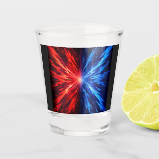 red blue shirt, abstract explosion shirt, energy b shot glass
