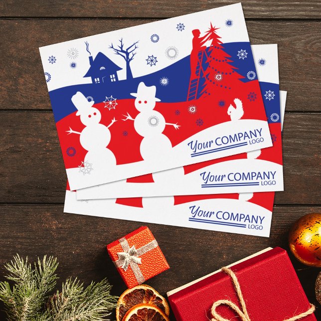 Red Blue Snow Men Village, Logo Business Christmas (red blue company holiday greeting cards, blue logo red logo client business Christmas cards snowmen)