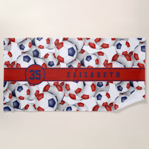 Red blue soccer balls pattern personalized name beach towel