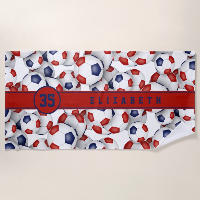 Red blue soccer balls pattern personalized name  beach towel (Front)