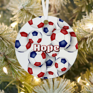 red blue soccer balls sports keepsake metal ornament