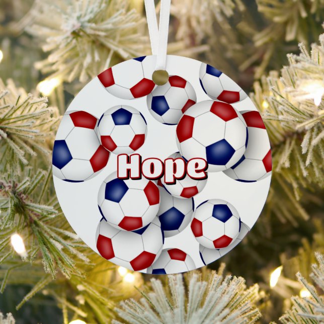 red blue soccer balls sports keepsake metal ornament (Insitu)
