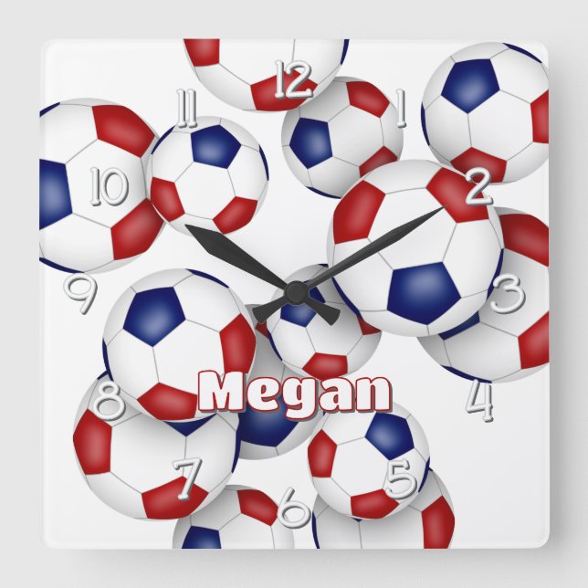 red blue soccer sports room athlete name square wall clock (Front)