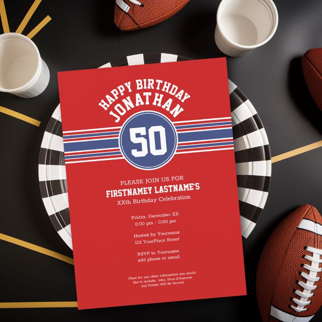 Red Blue Sports Jersey Birthday party Invitation (Birthday Party Invitation - Sports Theme - Football Party Invitation)