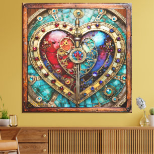 Red & Blue Stained Glass Heart Steampunk Series Canvas Print
