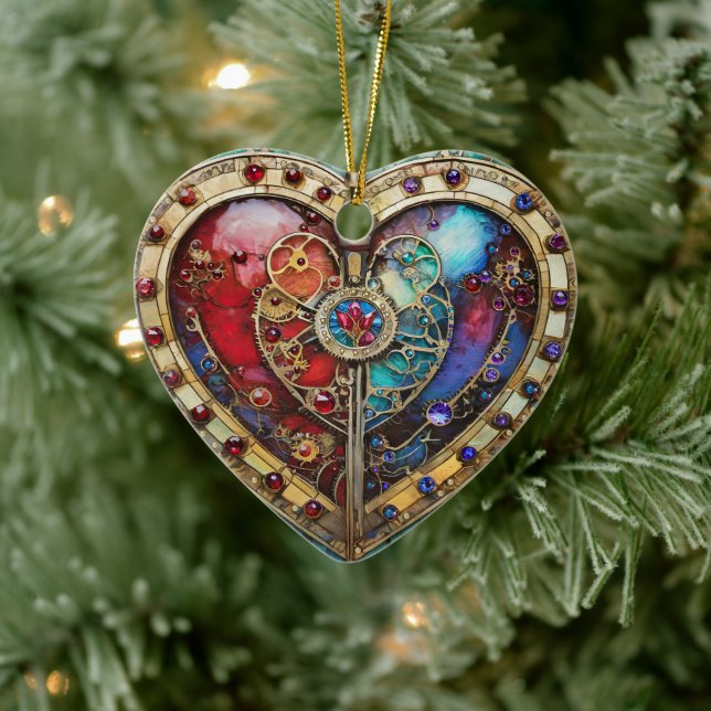 Red & Blue Stained Glass Heart Steampunk Series Ceramic Ornament (Tree)