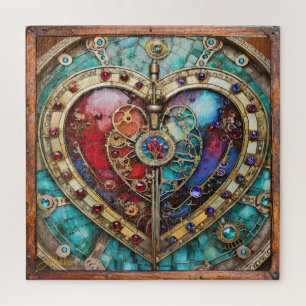Red & Blue Stained Glass Heart Steampunk Series Jigsaw Puzzle