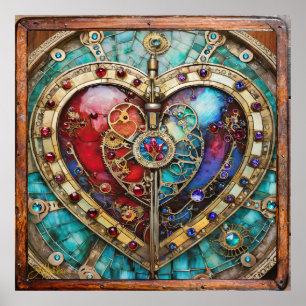 Red & Blue Stained Glass Heart Steampunk Series Poster