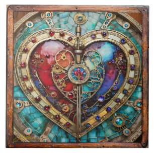 Red & Blue Stained Glass Heart Steampunk Series Tile