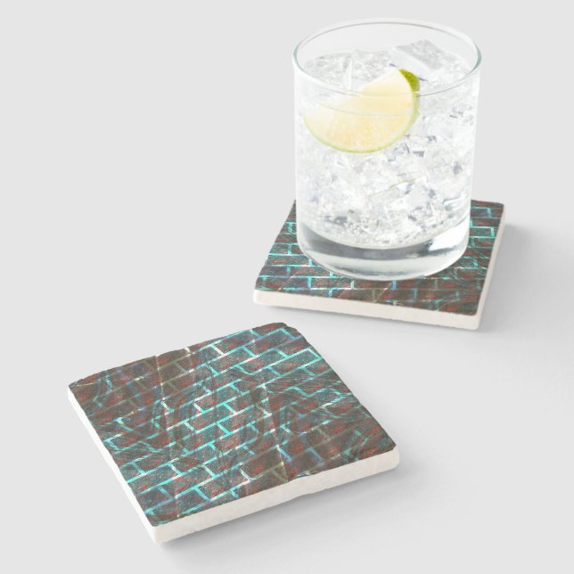 Red blue stained, scratches, grid or brick effect? stone coaster (Side)
