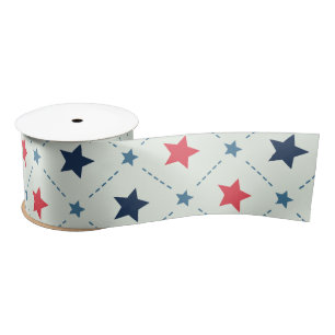 Red Blue Star Cross Dot Line Geometric Pattern  Satin Ribbon