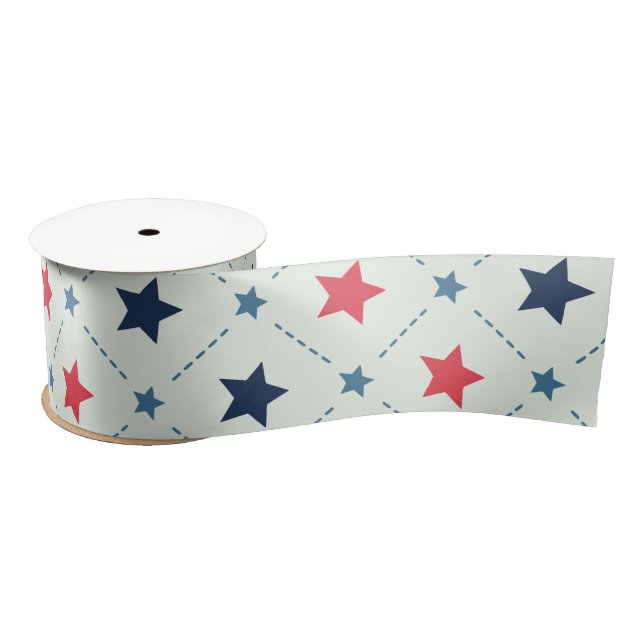 Red Blue Star Cross Dot Line Geometric Pattern  Satin Ribbon (Spool)