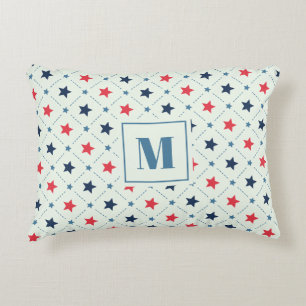 Red Blue Star Dot Line Geometric Pattern Monogram Accent Pillow