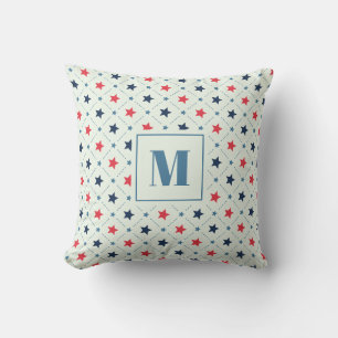 Red Blue Star Dot Line Geometric Pattern Monogram Throw Pillow