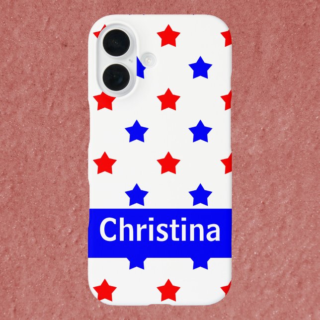 Red Blue Star Pattern White Background Personalize Case-Mate iPhone Case (A phone with red and blue stars and text you can personalize!)