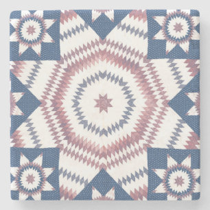 Red Blue Star Vintage Quilt Pattern Art Coaster