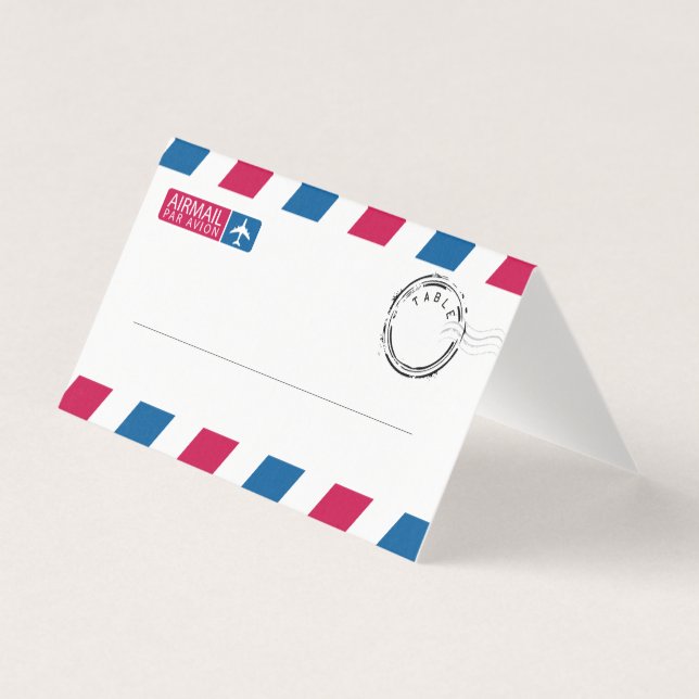 Red Blue Stripes Airmail Wedding Place Cards (Front)