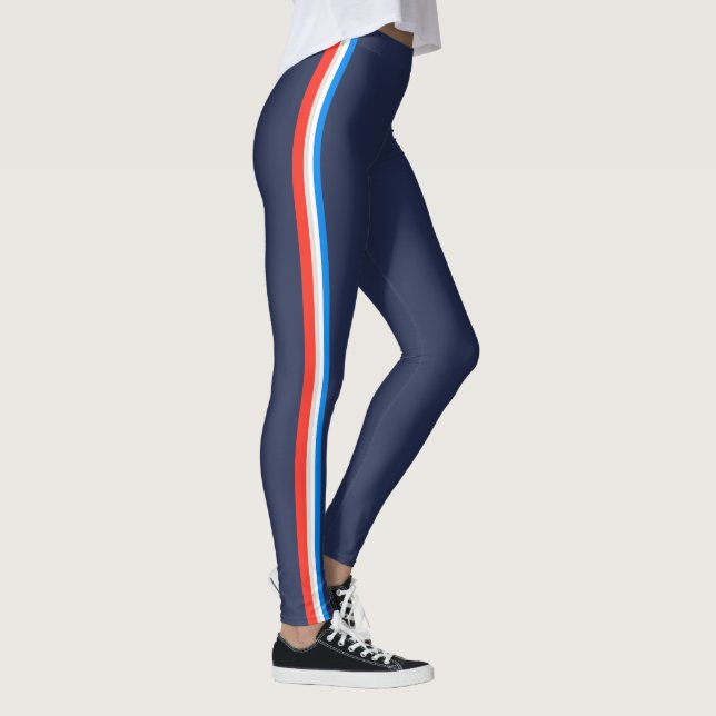 Red Blue Stripes Simple Stylish Navy Blue Leggings (Right)