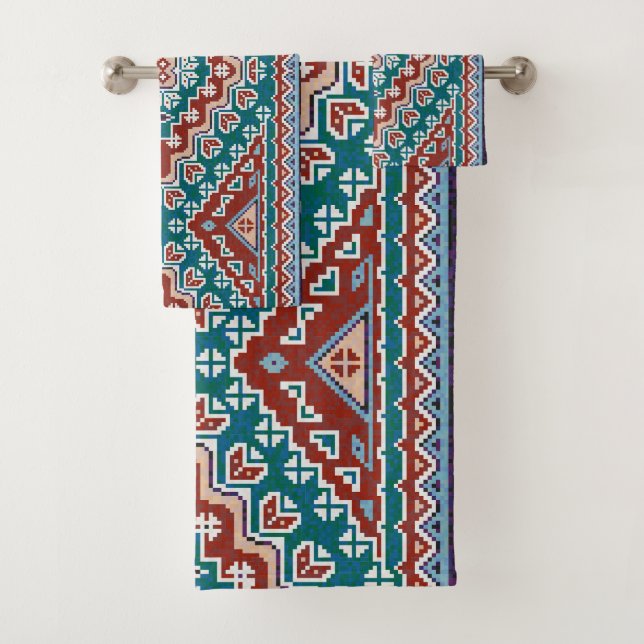 Red Blue Teal Native American Indians Navajo Bath Towel Set (Insitu)