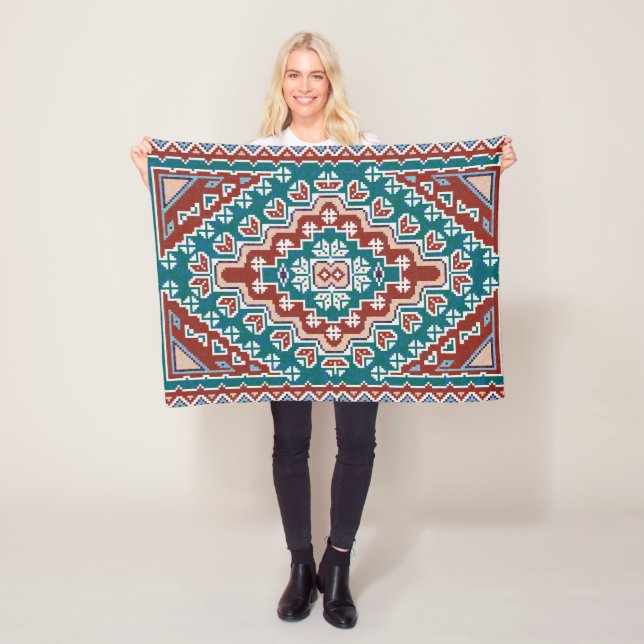Red Blue Teal Native American Indians Navajo Fleece Blanket (In Situ)