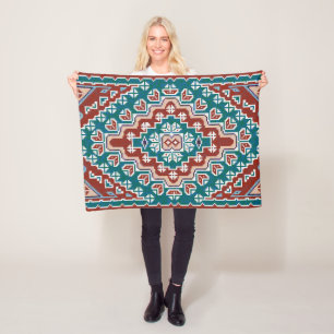 Red Blue Teal Native American Indians Navajo Fleece Blanket