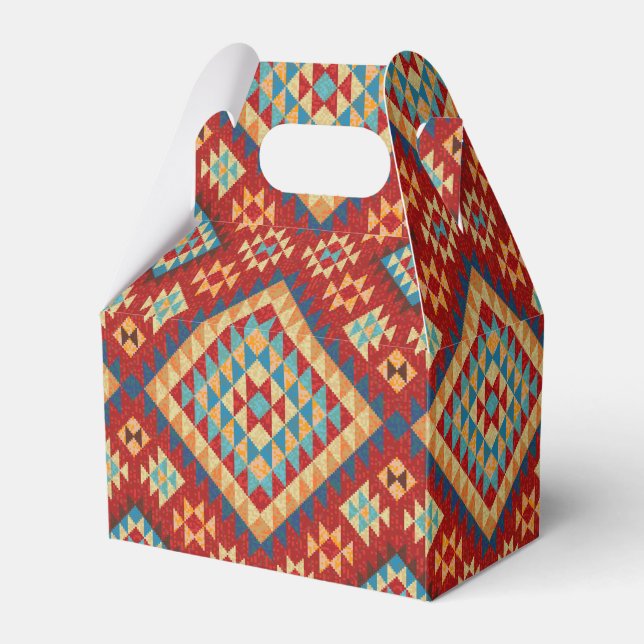 Red Blue Teal Orange Yellow Oriental Kilim Pattern Favor Box (Front Side)