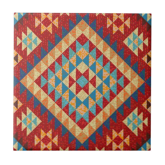 Red Blue Teal Orange Yellow Oriental Kilim Pattern Tile (Front)