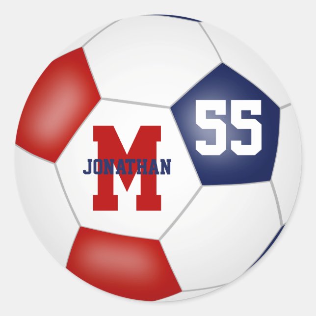 red blue team colours soccer ball personalized classic round sticker (Front)