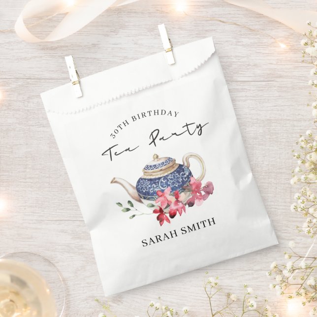 Red Blue Teapot Floral Any Age Birthday Tea Party Favour Bag (Clipped)