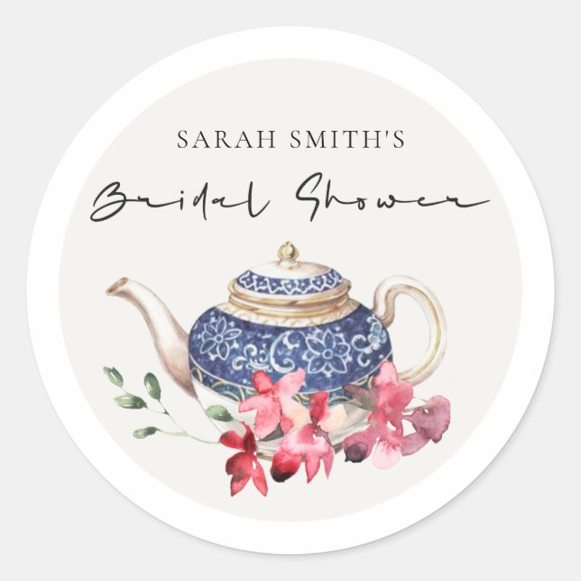 Red Blue Teapot Floral Bridal Shower Tea Party Classic Round Sticker (Front)