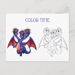 Red Blue Three Headed Dragon Colouring Activity Postcard