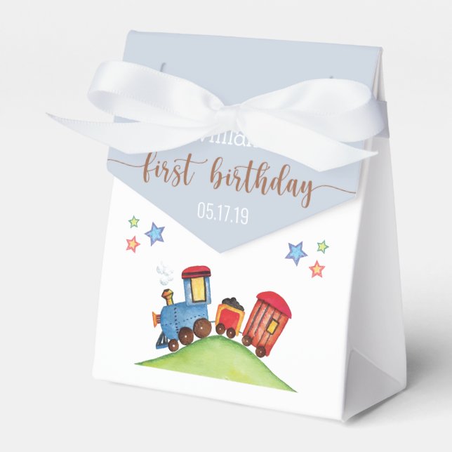 Red Blue Train 1st Birthday Party Thank You Favour Favor Box (Front Side)