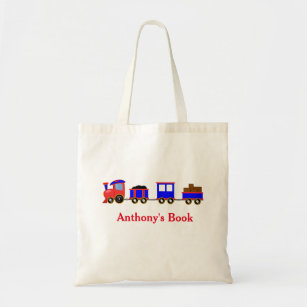 Red Blue train kids named library Tote Bag