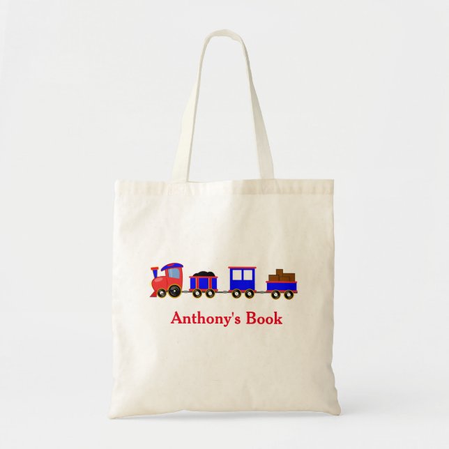 Red Blue train kids named library Tote Bag (Front)