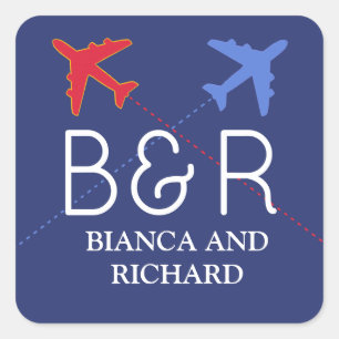 red blue travel airplanes with names, monogrammed  square sticker