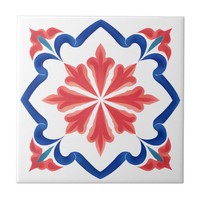 Red & Blue Turkish Iznik Floral Tile Art (Front)