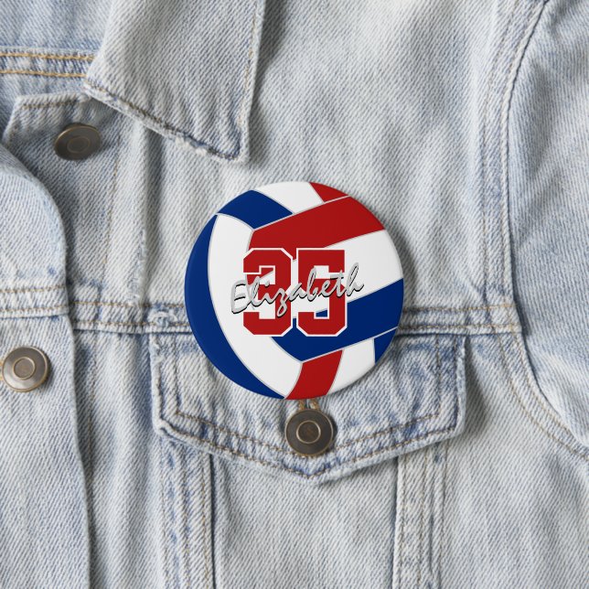 red blue volleyball athlete name jersey number 3 inch round button (In Situ)
