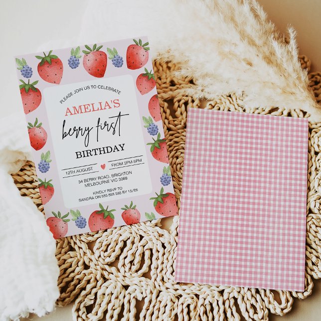 Red Blue Watercolor Berry Sweet First Birthday Invitation (Girls Berry Sweet First Birthday Invitation, Strawberry 1st Birthday Invitation Template Berry First)