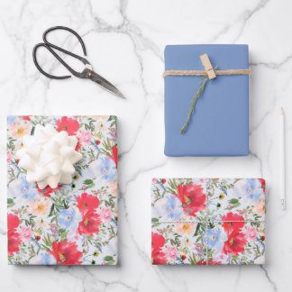 Red Blue Watercolor Florals  Wrapping Paper Sheet