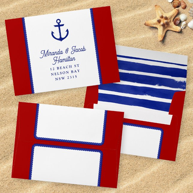 Red Blue Watercolor Rope RSVP Seaside Wedding Envelope (Mockup of front, back and inside of envelope)