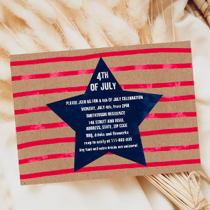 Red blue watercolor star stripes 4th July  kraft Invitation