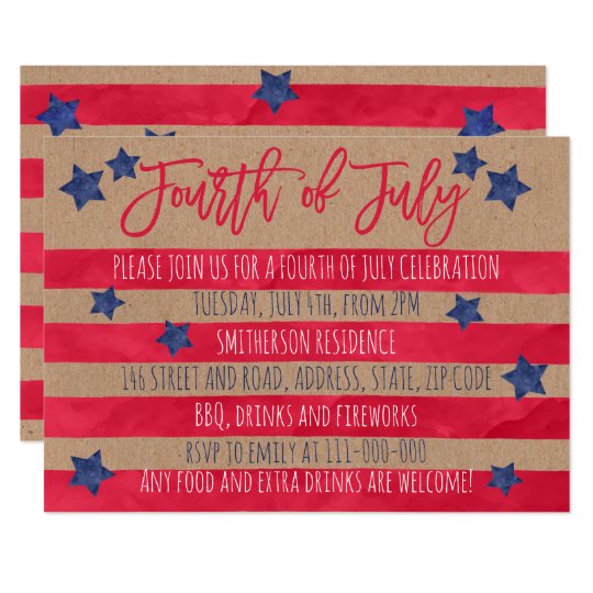 Red blue watercolor stripes kraft 4th of July Card
