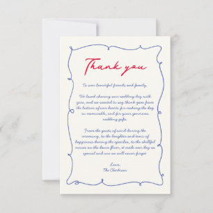 Red & Blue Wavy Hand Drawn Border Monogram Wedding Thank You Card